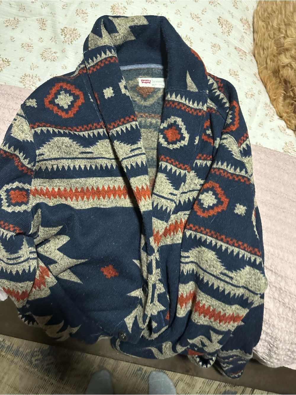 Levi's Navy Shawl Collar Cardigan with Beige and Rust Pattern